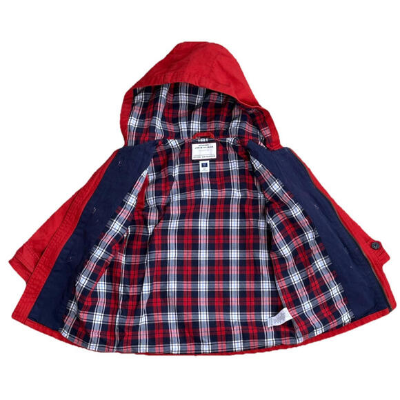 Authentic Janie and Jack 2T Red Hooded Cotton Toggle Jacket Coat Plaid Lined - Picture 2 of 5